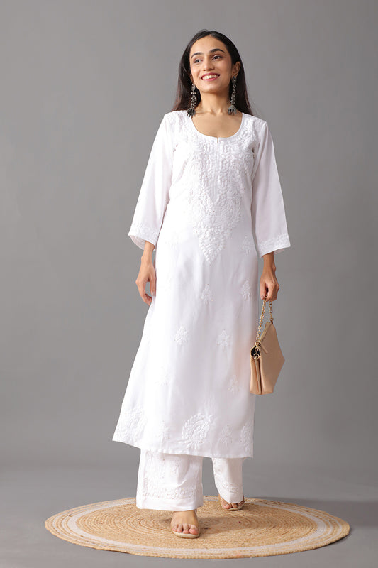Gulistaan White 2 piece Rayon Kurta Plazzo set