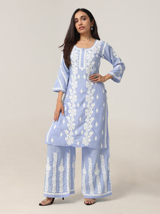 Shararat Powder Blue Floral Embroidered Kurta Palazzo Set