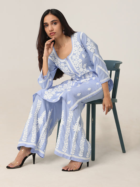 Shararat Powder Blue Floral Embroidered Kurta Palazzo Set