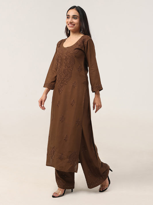 Gulistaan Brown 2 piece Rayon Kurta Plazzo set