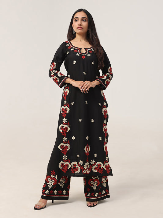 Sanvi Black Floral Embroidered Kurta with Palazzo Set