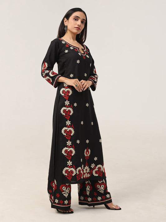 Sanvi Black Floral Embroidered Kurta with Palazzo Set