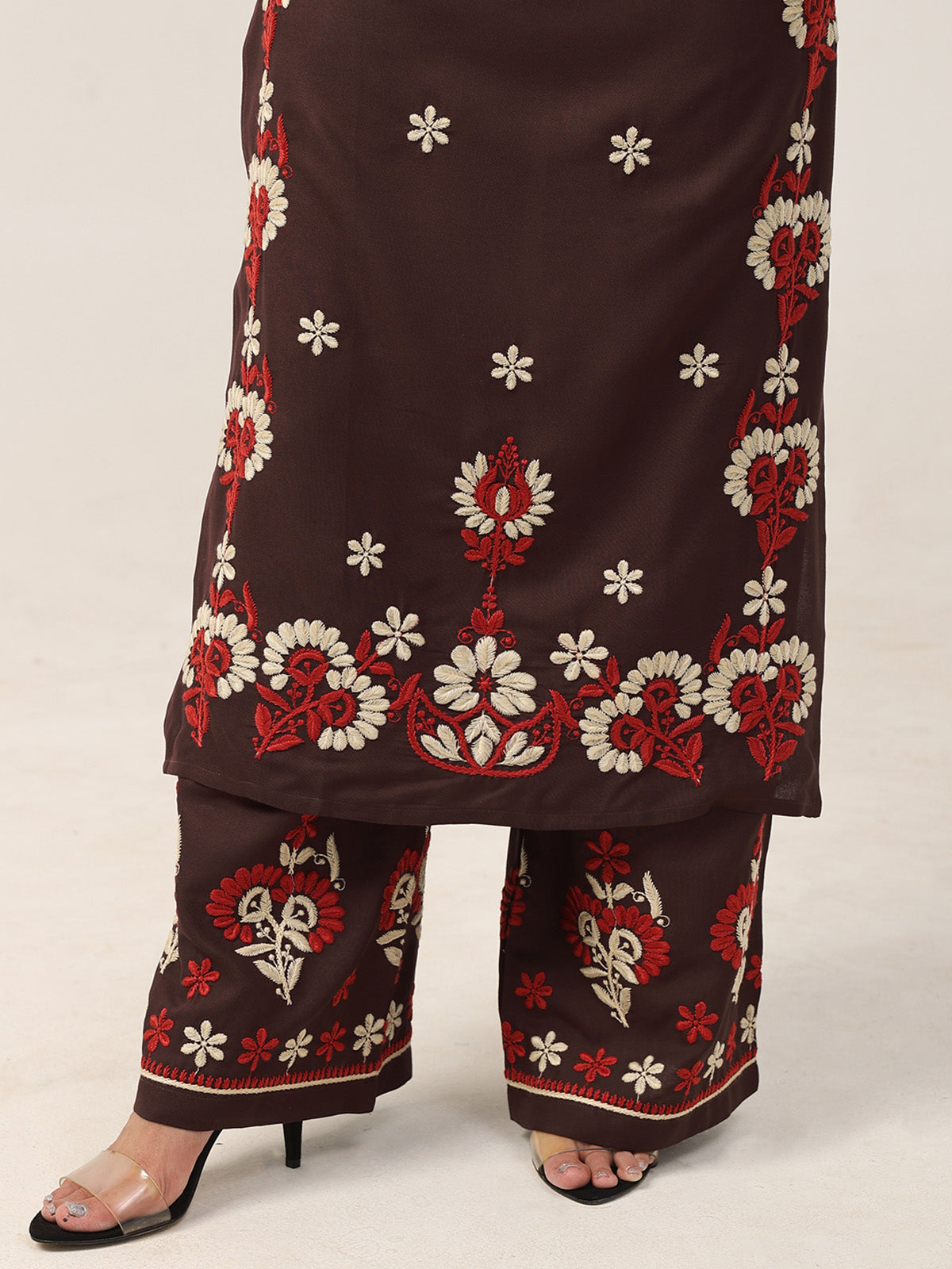 Sanvi Brown Floral Embroidered Kurta with Palazzo Set