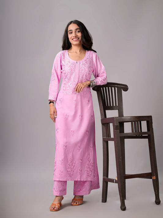 anora Baby Pink Rayon Kurta Pant set