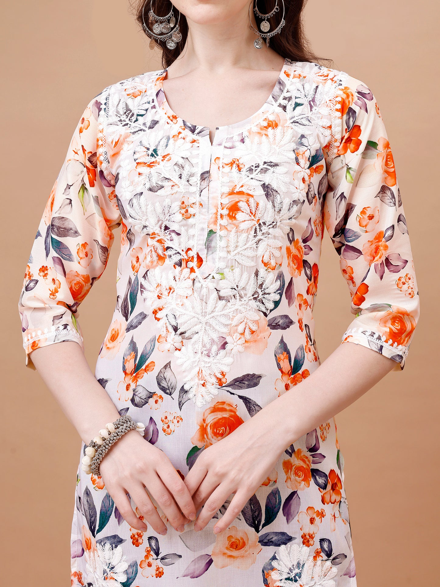 Kasha White & Orange Rose Short Mulmul Kurta
