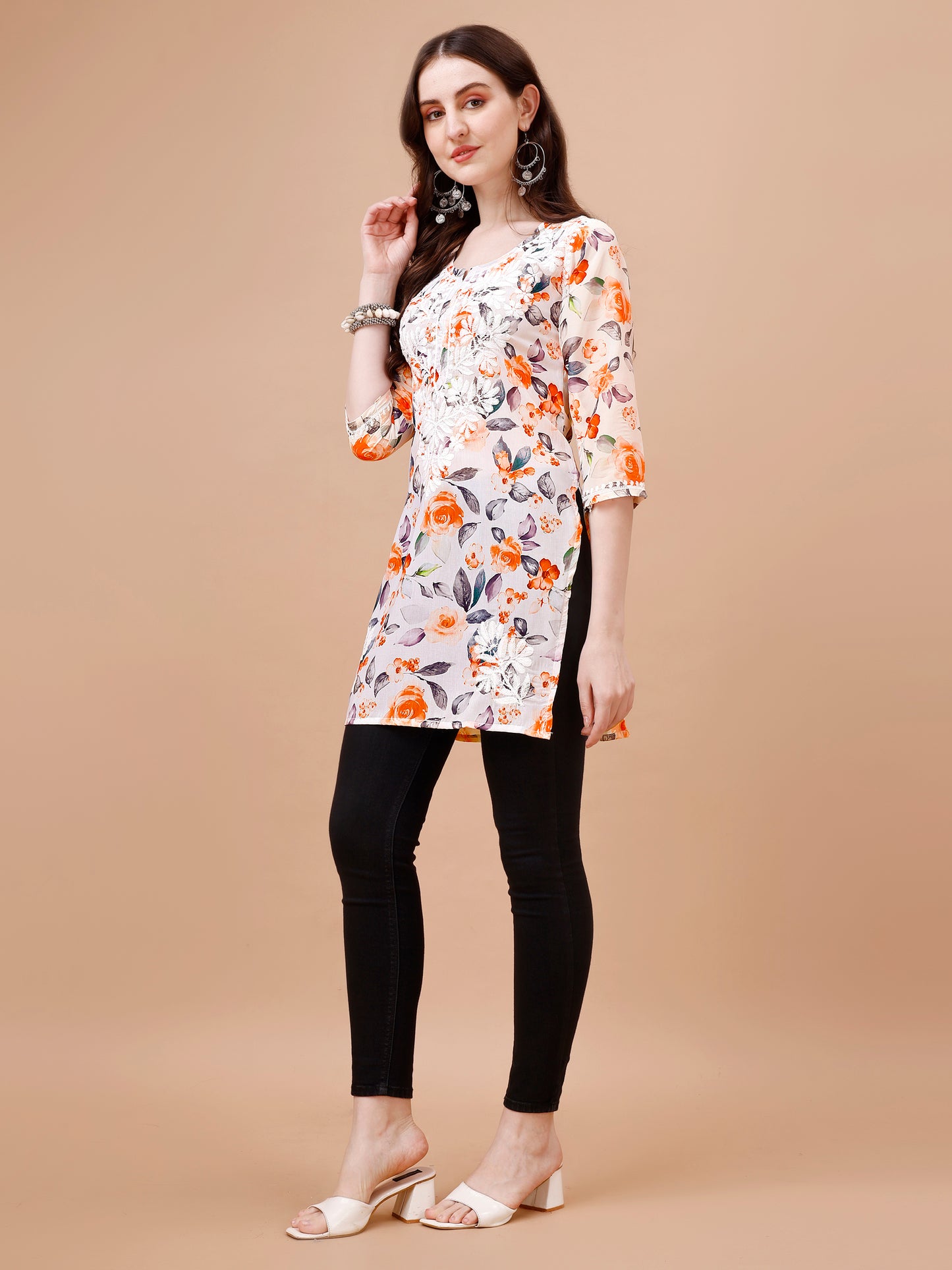Kasha White & Orange Rose Short Mulmul Kurta