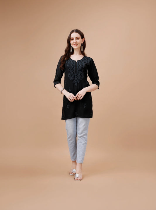 Kyara Black Short Rayon Kurta