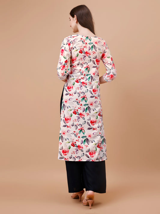 Kasha White & Red Floral Long MulMul kurta