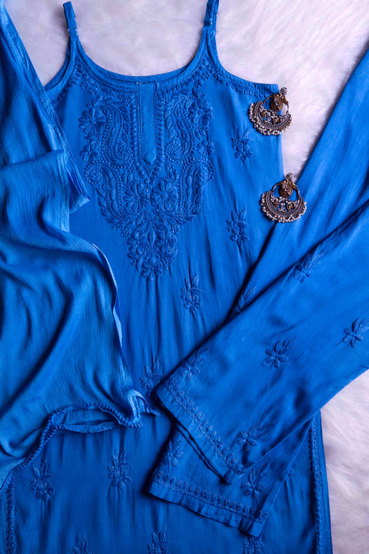 Falak Sapphire Blue Noodle Strap 3 Piece Kurta set