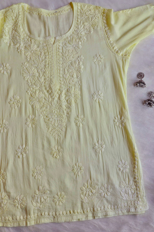 Nazakat Pastel Yellow Cotton short kurta