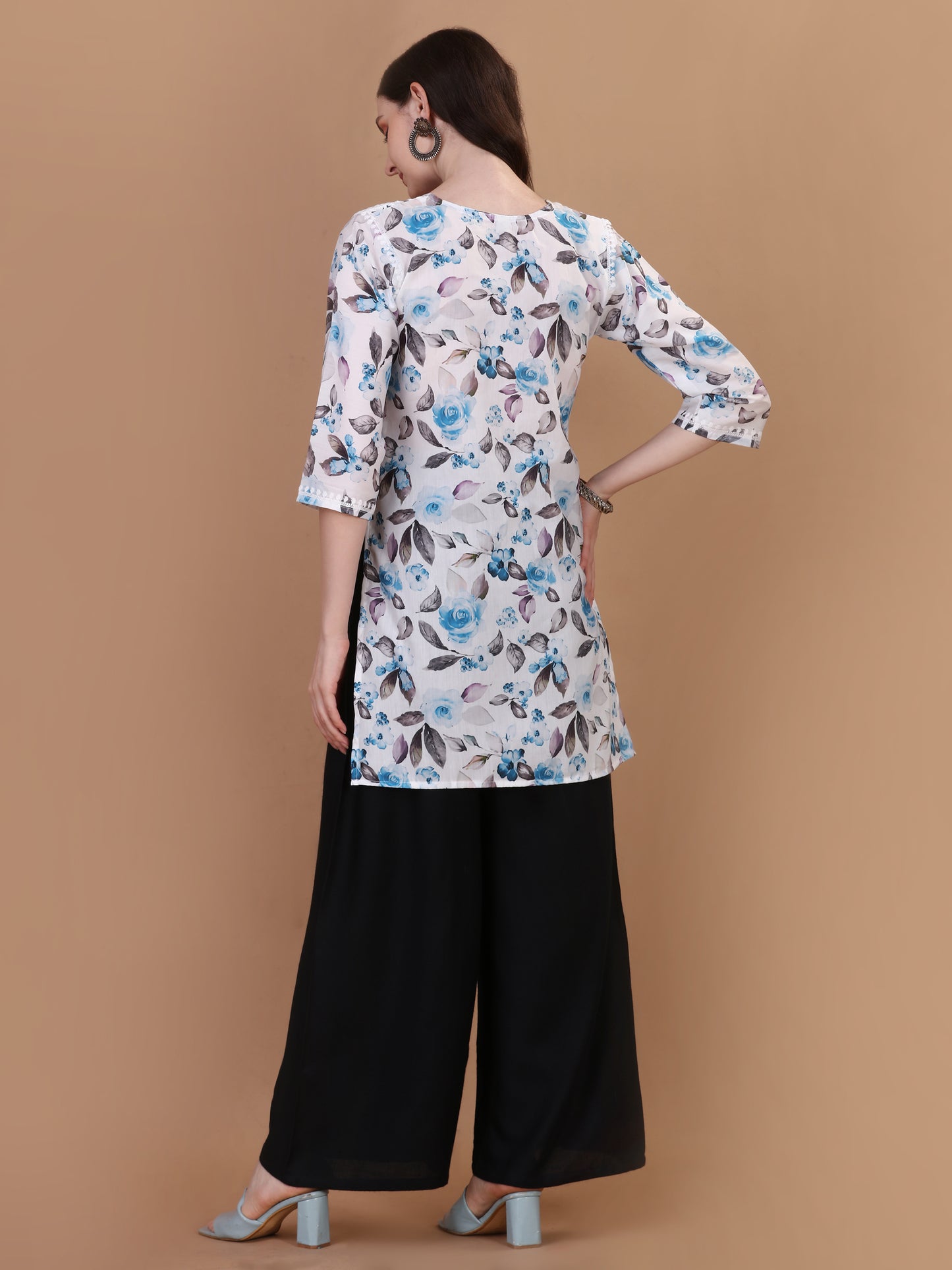 Kasha White & Blue Rose Short Mulmul Kurta