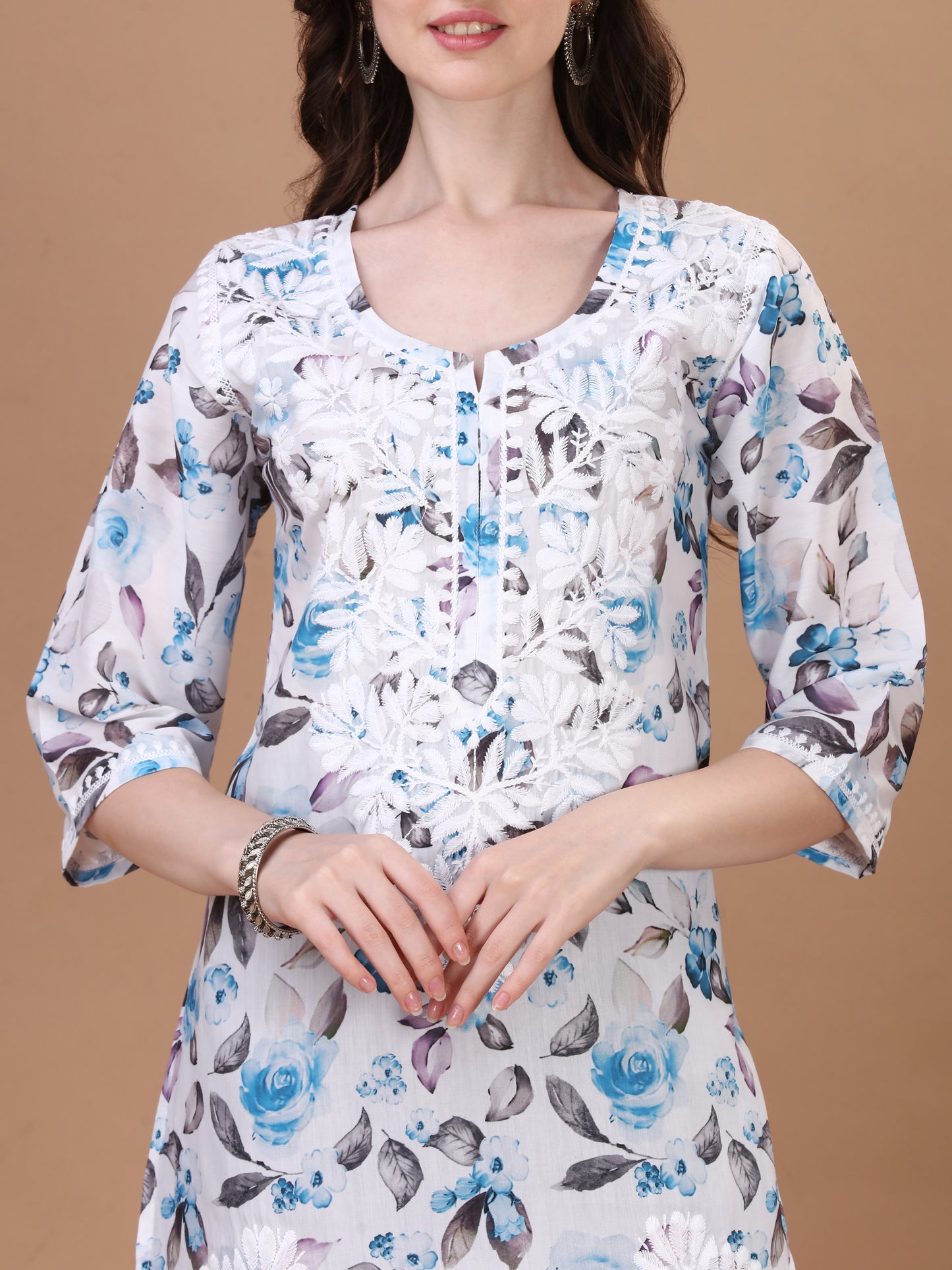 Kasha White & Blue Rose Short Mulmul Kurta