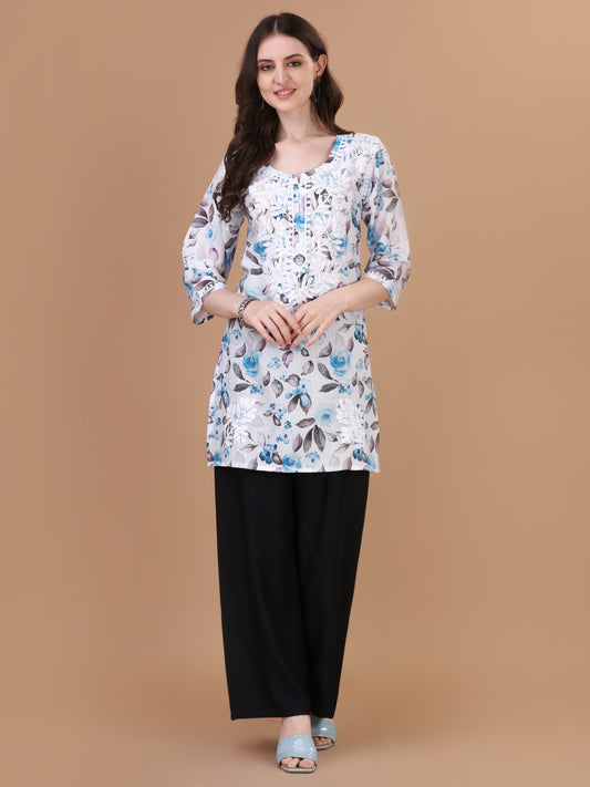 Kasha White & Blue Rose Short Mulmul Kurta