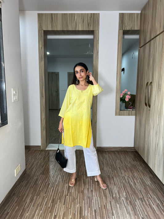 SEHER Pastel Yellow Ombre Short Rayon Kurta