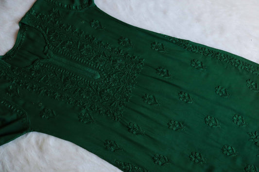 Nikhat Bottle Green Rayon Long Kurta