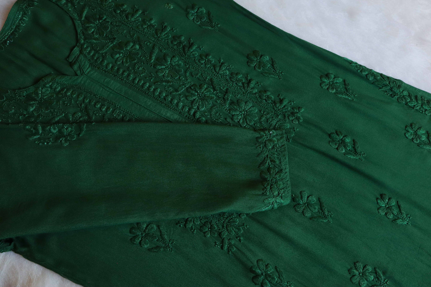 Nikhat Bottle Green Rayon Long Kurta