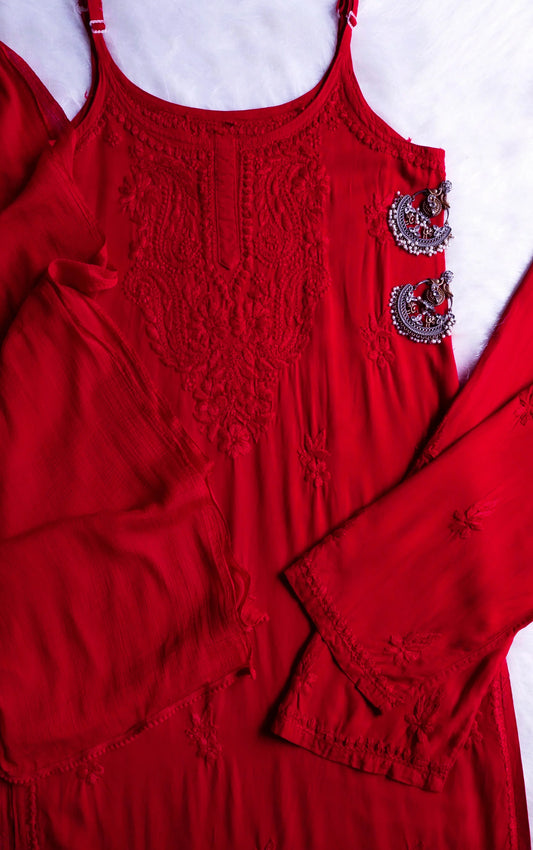 Falak Red Noodle Strap 3 Piece Kurta set