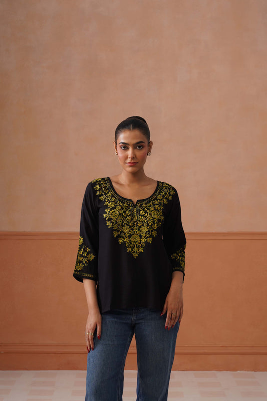 Noor Black Floral Embroidery Short Kurta