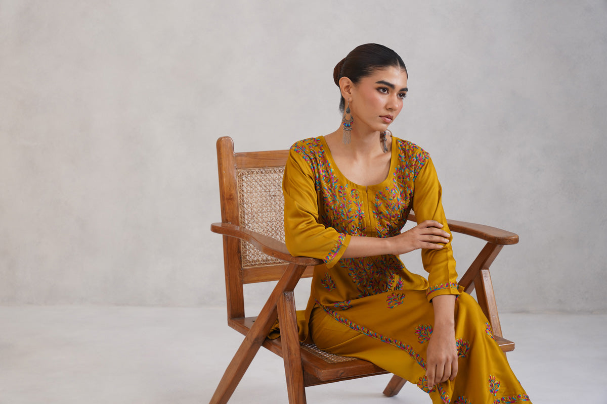Meher Mustard Embroidered Straight Kurta Palazzo Set
