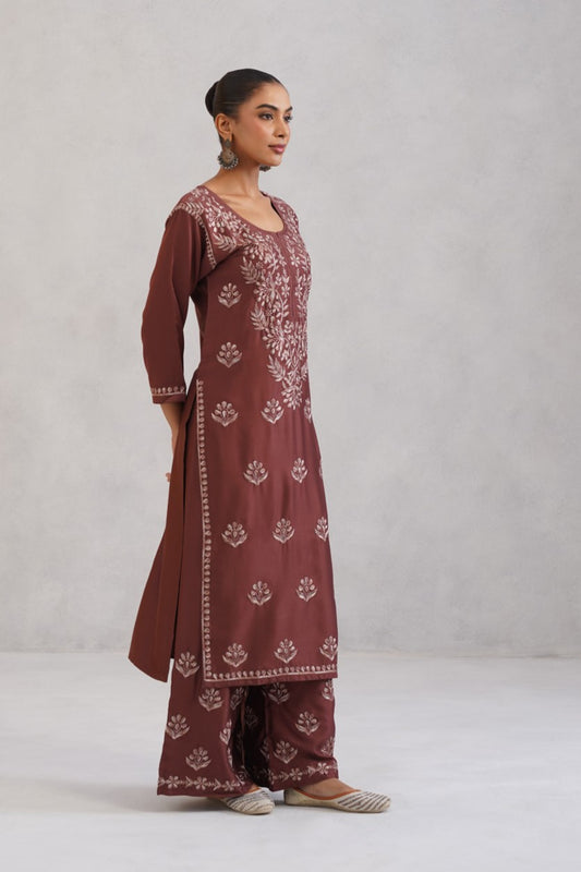 Meher Dusty Rose Embroidered Straight Kurta Palazzo Set