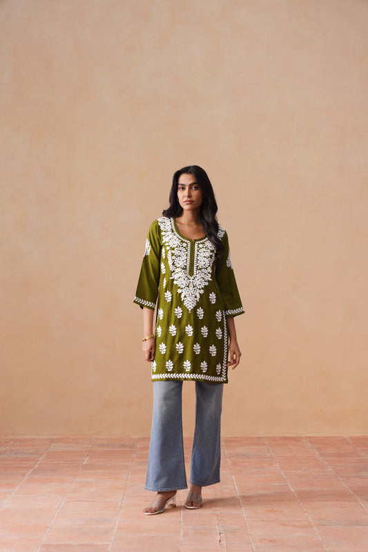 Sama Olive Green Short Rayon Kurta