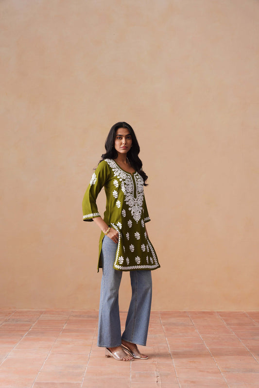 Sama Olive Green Short Rayon Kurta