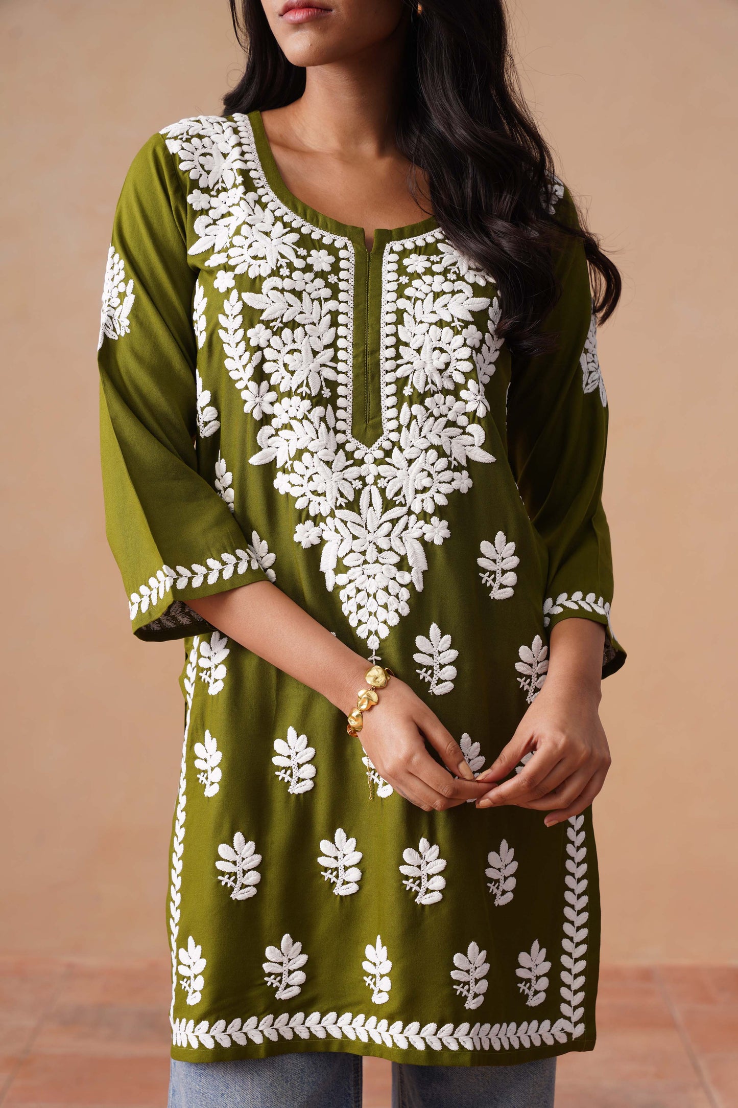 Sama Olive Green Short Rayon Kurta