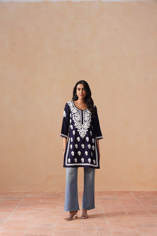 Sama Navy Blue Short Rayon Kurta