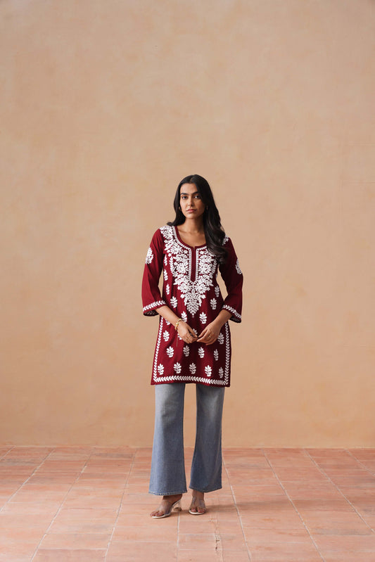 Sama Maroon Short Rayon Kurta