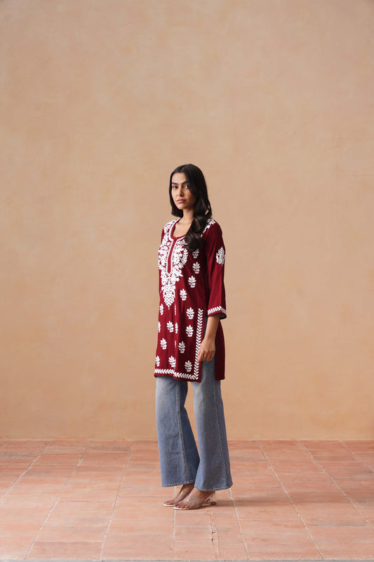 Sama Maroon Short Rayon Kurta