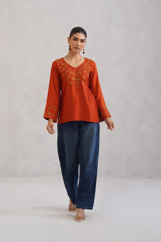 Nuresa Orange Floral Embroidered Top
