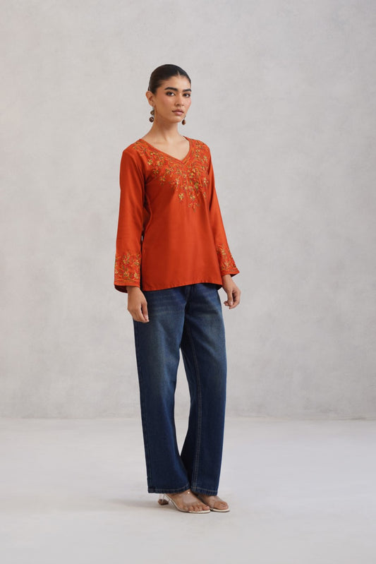 Nuresa Orange Floral Embroidered Top