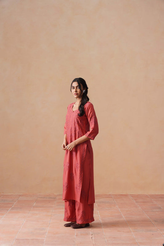 Nayan coral pink 2 piece Rayon kurta set