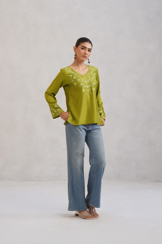 Nuresa Lime Green Floral Embroidered Top