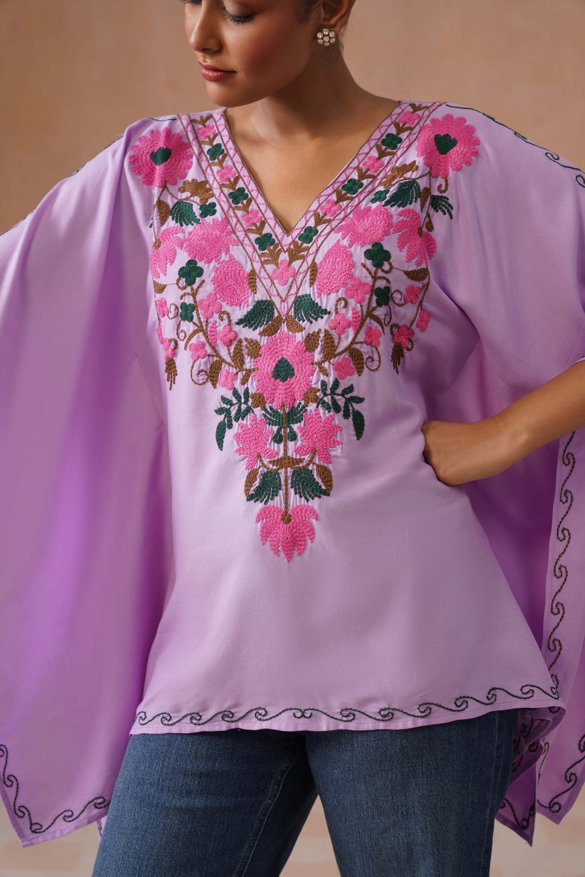 Ruby Lavender Floral Embroidered Kaftan Top with V-Neck