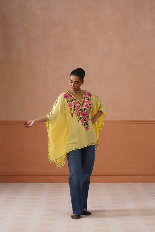 Ruby Yellow Floral Embroidered Kaftan Top with V-Neck