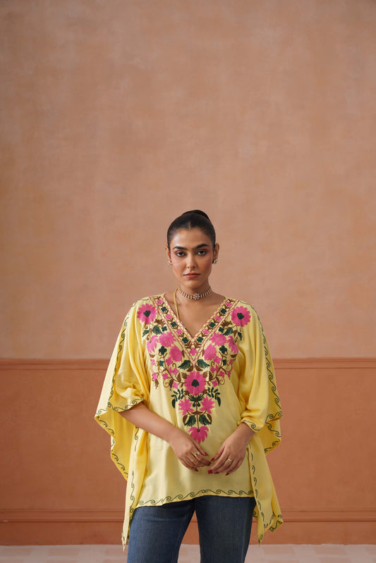 Ruby Yellow Floral Embroidered Kaftan Top with V-Neck