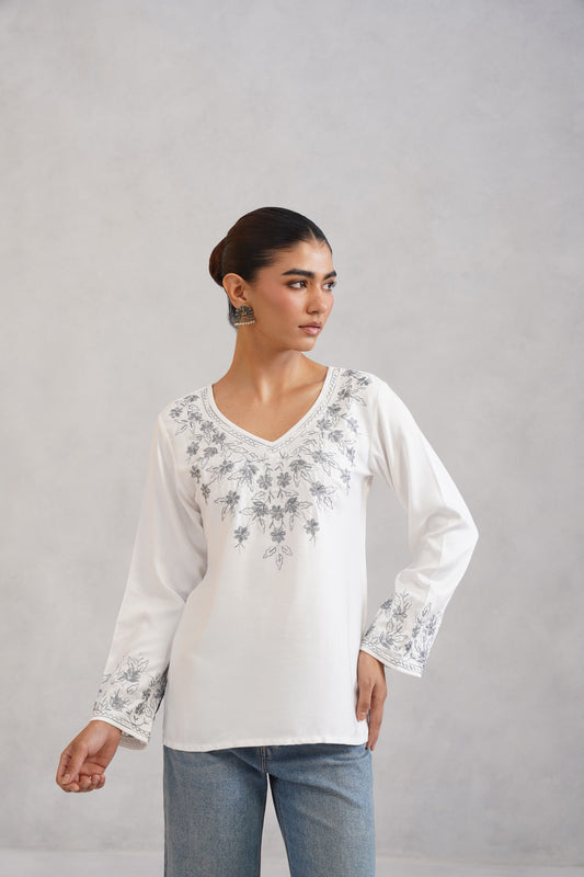 Nuresa White Floral Embroidered Top