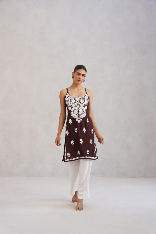 Kalindi Choco Brown Embroidered Sleeveless Straight Kurta