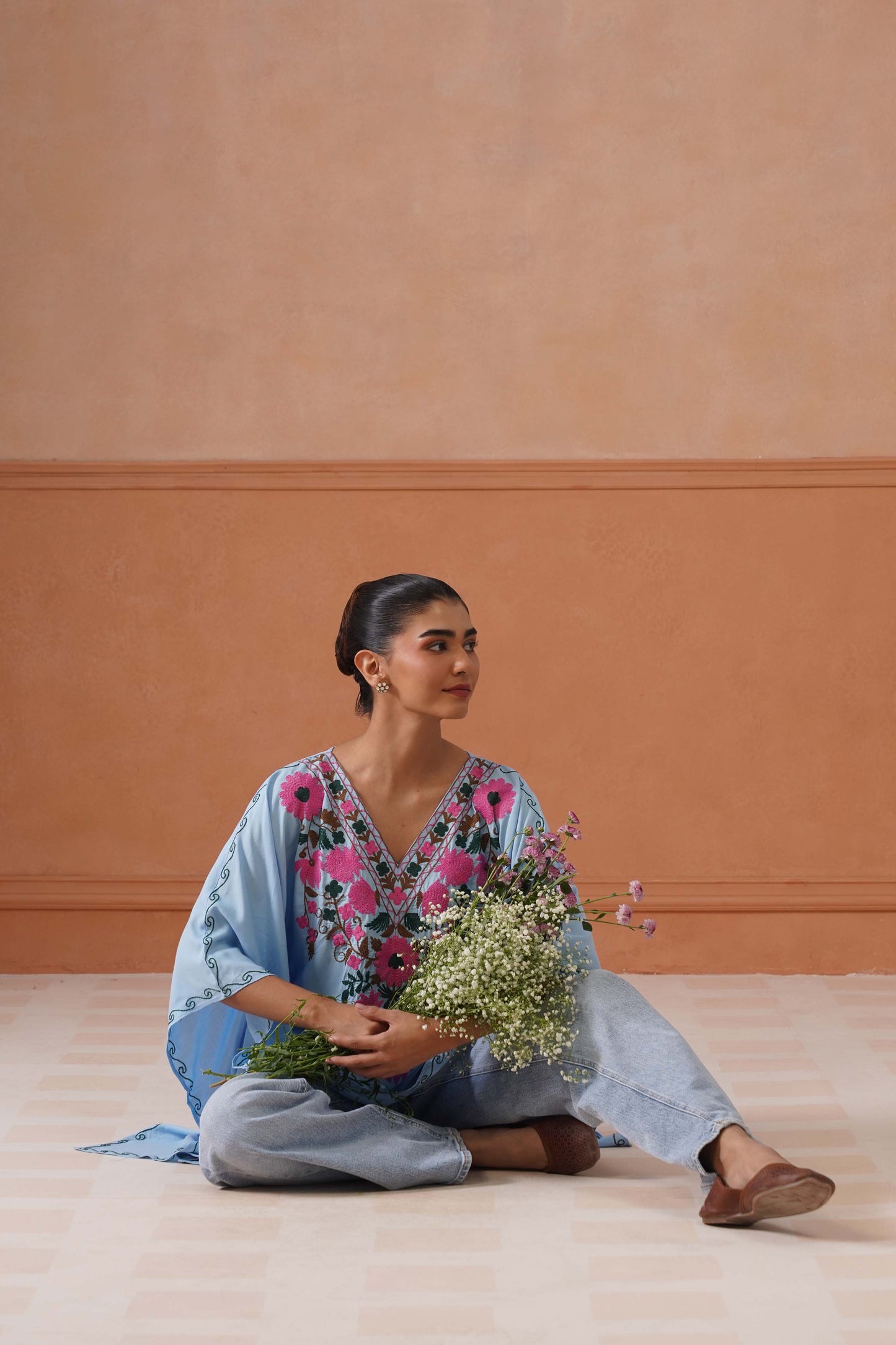 Ruby Ice Blue Floral Embroidered Kaftan Top with V-Neck