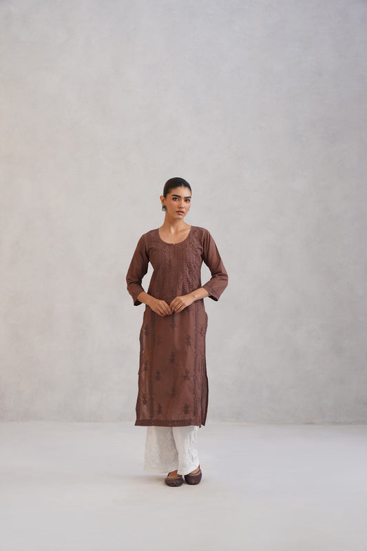 Inaayat Choco Brown Embroidered Straight Kurta