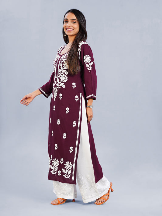 Inaya Maroon Floral Embroidered Straight Kurta