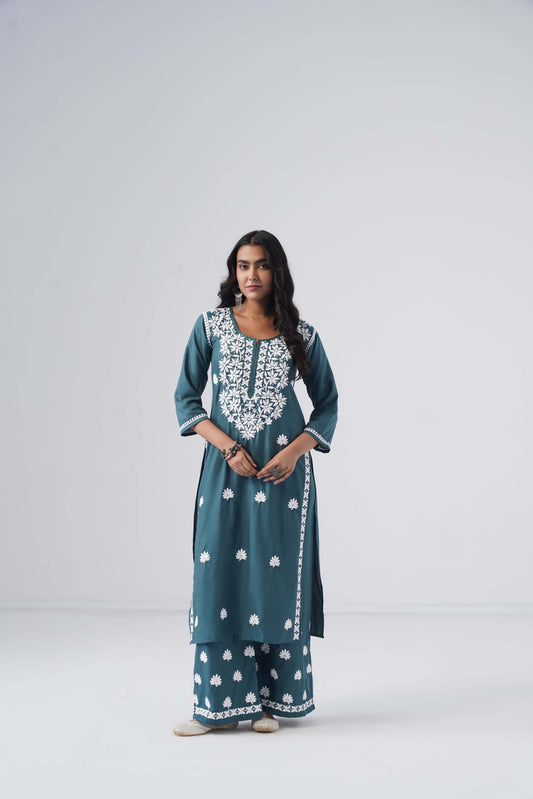 Heer teal green Rayon Kurta Palazzo set