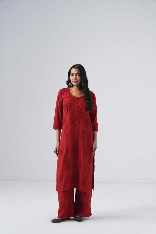 Maahi maroon Rayon Kurta Pant set