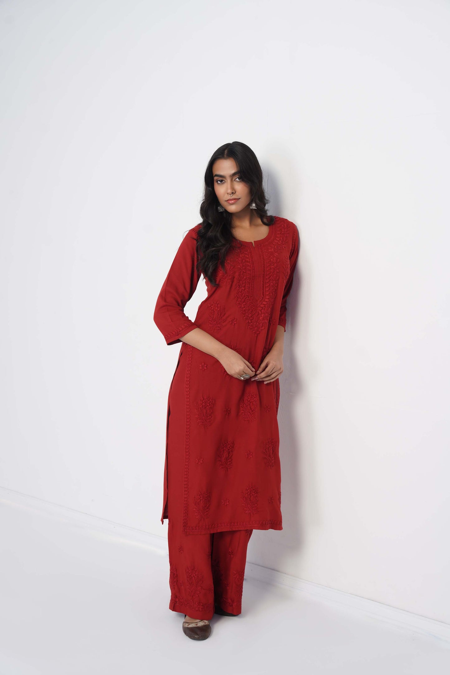 Maahi maroon Rayon Kurta Pant set
