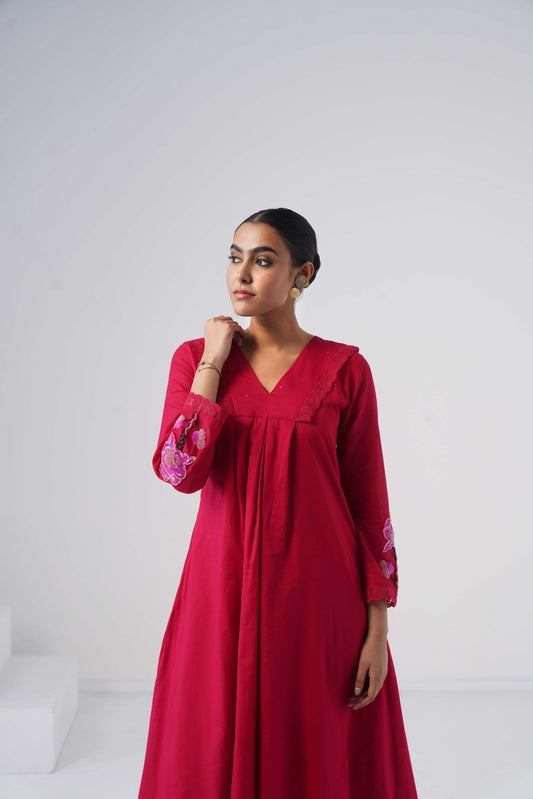 kesar Pink Aline embroidered hand work sleeve mul Chanderi dress