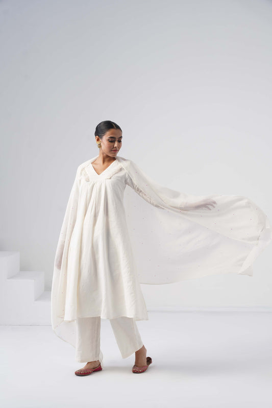 kesar Off white Aline embroidered hand work sleeve mul Chanderi dress