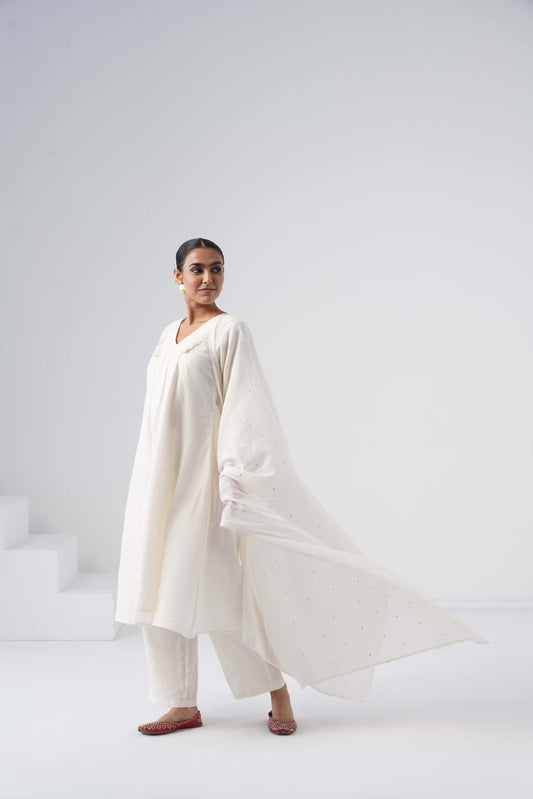 kesar Off white Aline embroidered hand work sleeve mul Chanderi dress