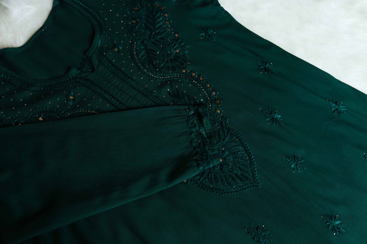 Ida Bottle Green Rayon mukaish Long Kurta