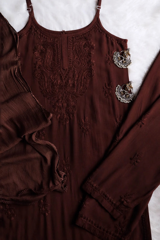 Falak Chocolate Brown Noodle Strap 3 Piece Kurta Set for women – stylish kurta with matching bottoms and dupatta.